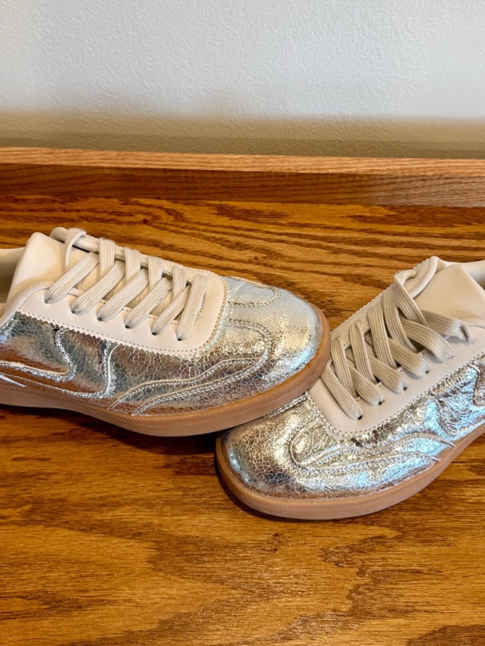 Shiny Silver Low-Top Platform Sneakers with Cream Accents